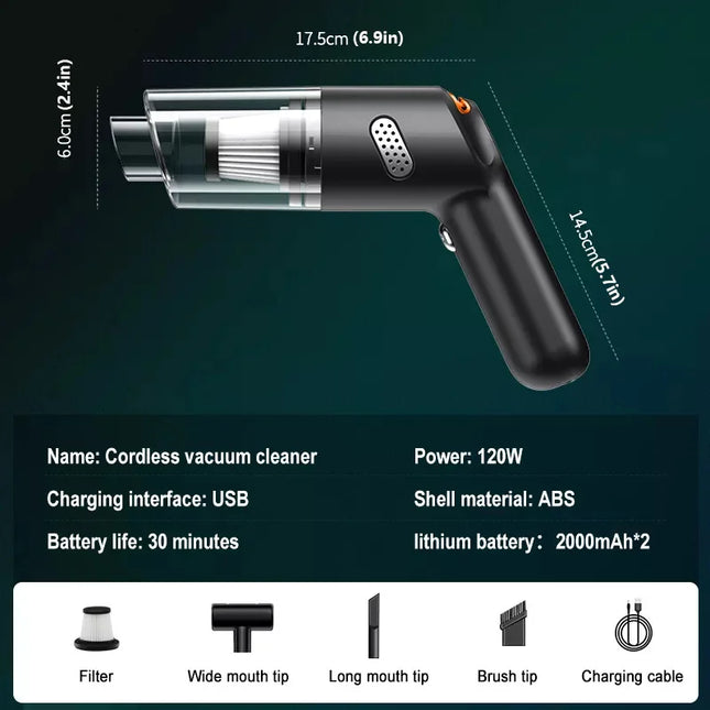 Black mini vacuum cleaner with dimensions, specifications, and five accessory icons