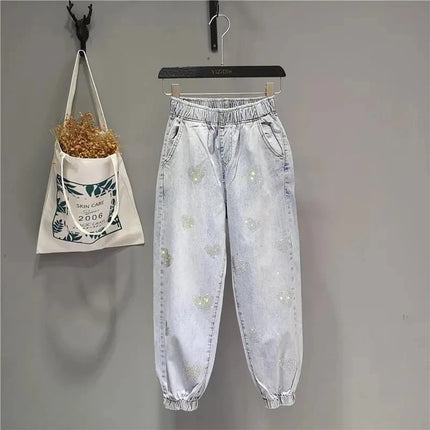 New Summer 2026 Women's Ripped Jeans with Heavy Beaded and Rhinestone,Ladies European Style High Waist Distressed Cropped Pants