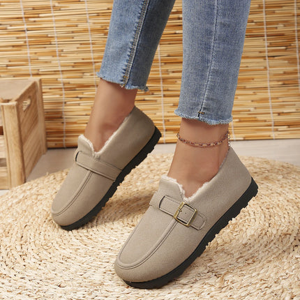 Women Winter 2026 Ankle Booties Buckle Strap Fleece Lined Warm Slip On Short Boots Non-slip Flat Casual Cotton Shoes For Ladies