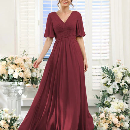 A Line Chiffon Bridesmaid Dresses Short Sleeve V Neck Slit Pleat Elegant Wedding Party Formal Prom Evening Zipper Back