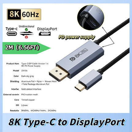 USB C to DisplayPort 16k 2.1 Cable One-way 8K@60Hz 4K@144Hz 80Gbps (DSC) Type-C to DP2.1 Cable For MacBook Pro/Air Laptop Phone