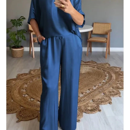 Spring Summer Fashion Solid Smooth Satin Two Piece Sets New Women's V Neck Half Sleeved Top And Long Pants Casual Loose Outfits