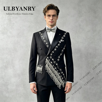 ULBYANRY Men's 2pc Formal Suit Set for Formal Events, Wedding Grooms Suit Double Breasted Jacket with Crystals Tassels Prom Suit