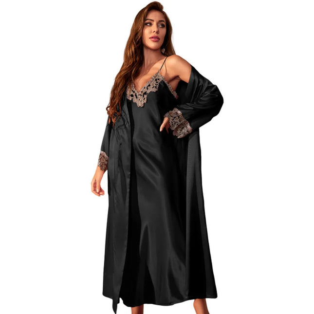 Damen langes Twinset Morgenmantel-Set Nachthemd Frühling Sommer Kimono Bademantel Nachtkleid sexy Spitze Satin Hauskleidung Loungewear