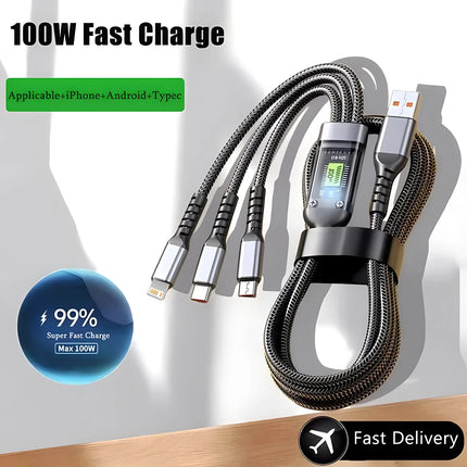 3 in 1 100W USB A Cable Fast Charging Micro USB Data Cord Phone Charger Quick Charge Cable For iPhone Samsung - product image