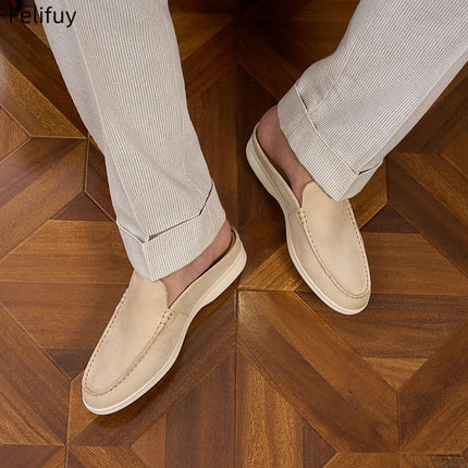 Apricot Men's Cow Suede Leather Slip-on Loafers British Style Flat Casual Dress Boat Shoes Lightweight Comfort Moccasins for Men