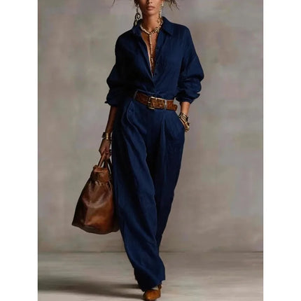 Spring Summer Temperament Solid Color Cotton Linen Wide Leg Pants Set Elegant Button Shirt Top and Wide Leg Pants 2 Piece Suit