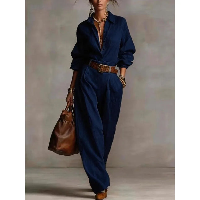 Frühling Sommer Temperament Einfarbig Baumwoll-Leinen Weite Hose Set Eleganter Knopf Hemd Top und Weite Hose 2-teiliger Anzug