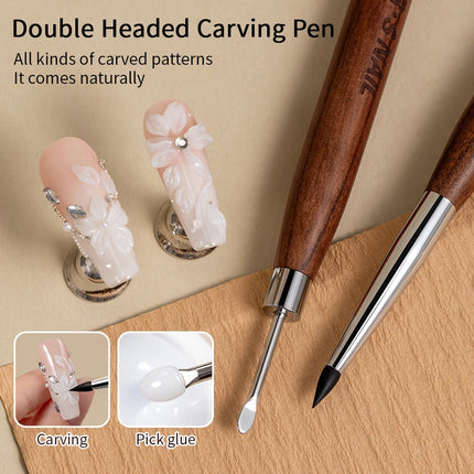 RSNAIL 1/2PCS Wooden Double Head Nail Art Brush Silicone Carving Pen Nail Supplies Carving Flower Painting Pen for Nail Art Tool