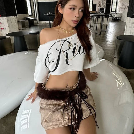 Nibber Loose Letter Print Mini t-Shirt Women Summer Trend Biased Collar Versatile Street Skinny Simple Classic Party Daily Tops