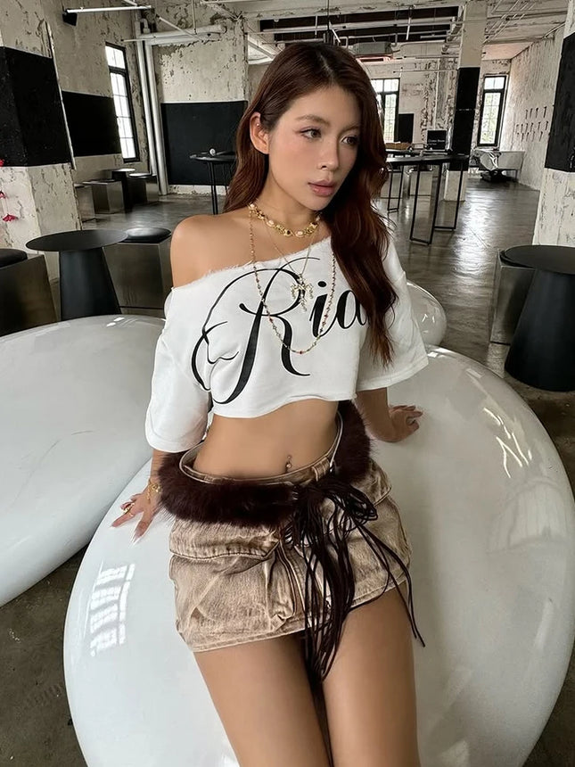 Nibber Loose Letter Print Mini t-Shirt Women Summer Trend Biased Collar Versatile Street Skinny Simple - product image 2