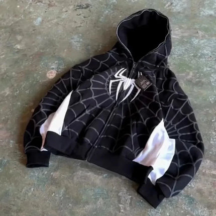 American Retro Spider Patchwork Print Hoodies Fashion Oversized Loose Full Zipper Hoodie Men Jacket Gothic Y2k Street Sweatshirt