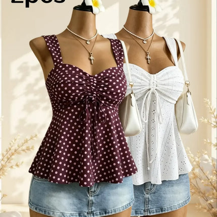 Women Sweetheart Neck Drawstring Ruched Peplum Cami Top Polka Dot Print Sleeveless Casual Camisole Outfit