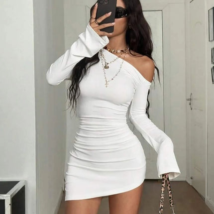 Dulzura Inclined Shoulder Long Sleeve Ruched Slim Irregular Mini Dress Women'S Solid Sexy Casual Dress Party Club Autumn Clothes