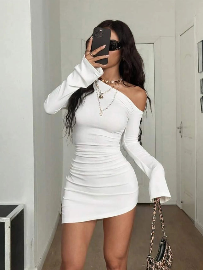 Dulzura Inclined Shoulder Long Sleeve Ruched Slim Irregular Mini Dress Women'S Solid Sexy Casual Dress - product image 2
