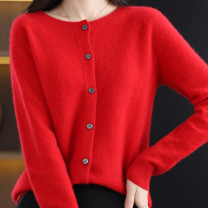 New Fashion Spring 100% Merino Wool Womens O-neck Cardigan Cashmere Sweater 2024 Female Clothing Grace Knitwear Korean Tops