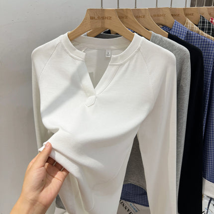 Basic Style Slim Fit V-Neck Long Sleeve T-Shirt Korean Style Versatile Simple Base Layer Top Casual Tee for