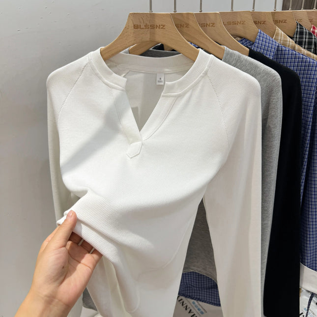 Basic Style Slim Fit V-Neck Long Sleeve T-Shirt Korean Style Versatile Simple Base Layer Top Casual Tee for