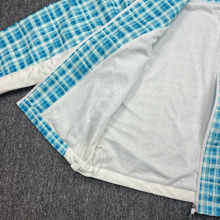 Best Quality Windproof Inside Mesh Blue Green Checkered Outdoor Coats Men Women Letters Embroidery Mertra Slanted Zipper Jacket