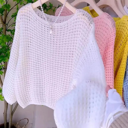 Spring and Summer Thin Hollow Long Sleeve Knitted Sweater for Women, Loose Breathable Vintage Design Top