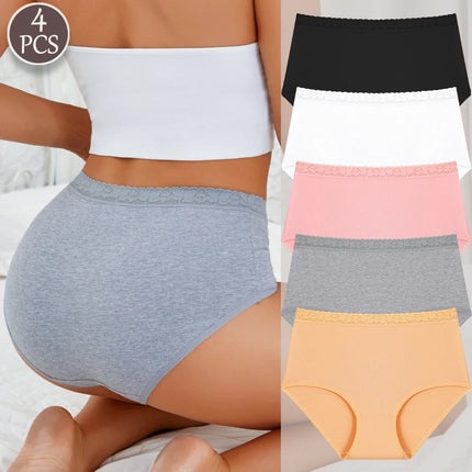 FINETOO 4Pc Women Cotton Lace Floral Briefs Underwear Seamless High Waist Elastic Breathable Panties Female Solid Color Lingerie