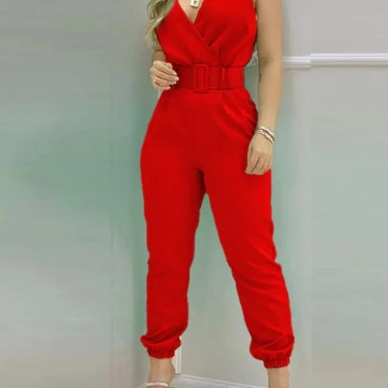 Summer Women Jumpsuits Elegant Office Lady Sexy V-neck Sleeveless Print Jumpsuits New Fashion With Belt Vest Playsuit Streetwear