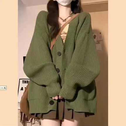 Loose Cardigan Women Long Sleeve V-neck Knitted Black Slouchy All-match Female Autumn Winter Coats Korean Chic Baggy Tops MLQ9