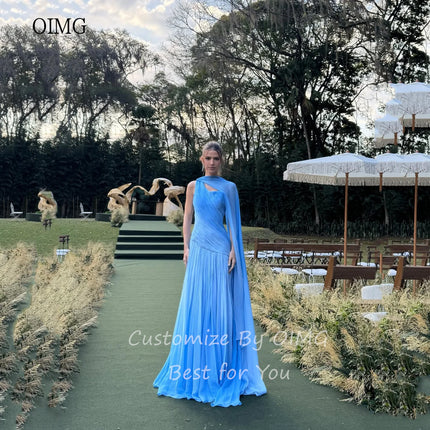 OIMG Gradient Blue A Line Prom Gowns One Shoulder Pleated Party Gown Floor Length Evening Dress vestidos de festa Customized