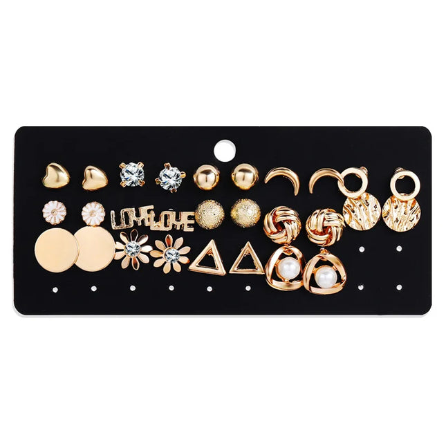 Vintage Gold Color Stud Earrings Set Butterfly Heart Flower Yinyang Diamond Pearl Ear Studs For Women - product image 9