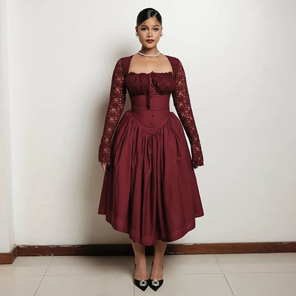 Elegant Vintage Women Dress Long Lace Sleeve Square Collar Slim Waist Big Hem Long Dress