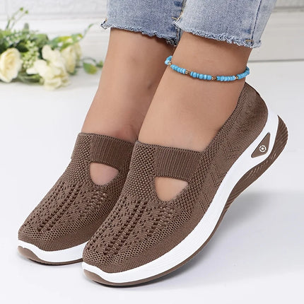 Brown cutout knit slip-on sneakers with white soles