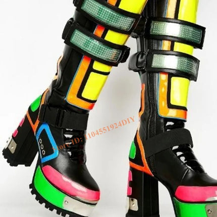 Club Punk Style Knee High Boots Colorful Platform Heels Cybertron Babe Boots Womens Neon Lug Heel Bling Straps Long Boot