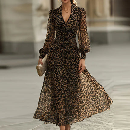 Ladies V-neck Lantern Sleeve Party Dress 2026 Casual Streetwear Swing Long Dress Retro Leopard Print High Waist Commuting Dress
