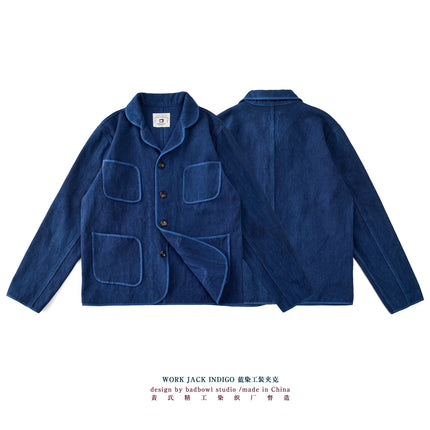Heavyweight 400gsm Kendo Sashiko Fabric - Indigo Plant-Dyed French Workwear Blazer (Vintage Style) Hand-Dyed Natural Jackets