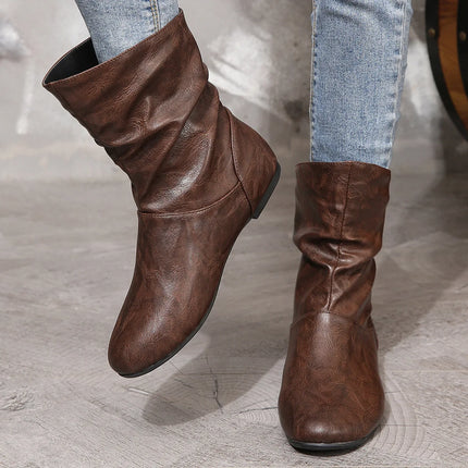 Short Boots Women's White New Pleated Women's Boots Flat Bottomed Versatile Woman Boots Large Size Woman Booties