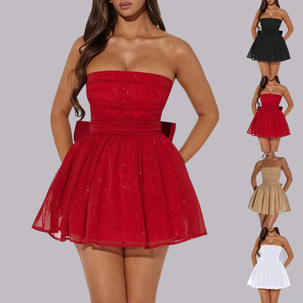 Elegant Strapless Sexy Mini Dress Women Off-Shoulder Sparkly Sqeuins Club Party Dress Slim Backless Bow Pleated Short Dresses