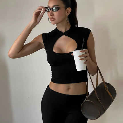 Cheongsam Collar Keyhole Top Short Sleeve Cutout Chest Solid Slim Fit Sexy Women Shirt Summer All-match Casual Fashion Outfits