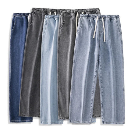 Korean Solid Colors Men's Casual Long Jeans Classic Male Four Seasons Straight Denim Wide-leg Pants Light Blue Grey Black S-3XL