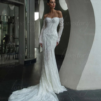 Customized Wedding Dresses Lace Off Shoulder Exquisite Bride Robes Beads Mermaid Bridal Gown Classic vestido de novia