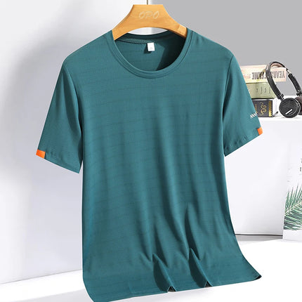 Summer Men's Silk Ice Round Collar T-shirt, Simple Running Fitness Suit, Breathable Thin T-shirt, Quick Dry T-shirt, Summer Tees