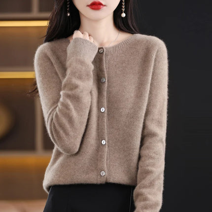 Spring and autumn new women's 100% wool knitted cardigan coat loose O-neck sweater coat fashion solid color coat