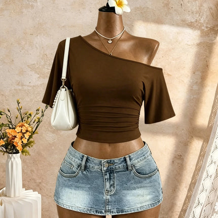 Women One Shoulder Short Sleeve Side Ruched Cropped T Shirt 2026 Summer Y2K Going Out Casual Streetwear Tops