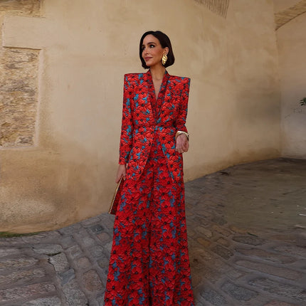 Street Women's Printed Lace Up Jackets Pants Sets Shoulder Pad Full Sleeve Coats Wide Leg Pants 2026 Summer Lady Fashion Outfits