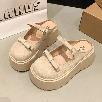 Women's platform slippers with bow and closed toe, perfect for spring and summer 2025, versatile for petite women.