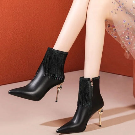 High Heel Women's Boots 2025 Winter Fashion PU Leather Pointed Toe Ankle Boots Crystal Luxury High Heels Pumps Zapatos