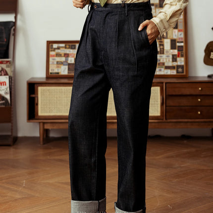 Red Tornado Pleated Denim Pants High Waist Loose Fit Vintage Style Men's Naples Trousers