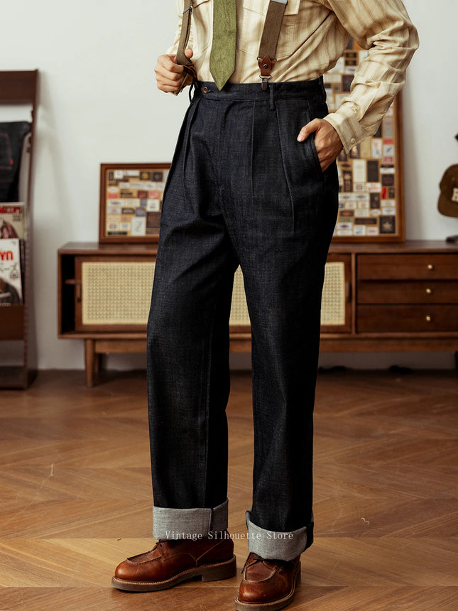 Red Tornado Plissierte Jeanshose Hohe Taille Locker Passend Vintage Stil Herren Neapel Hose