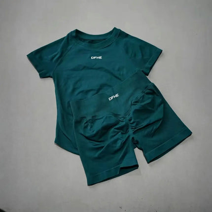 2 Piece Athletic Tracksuit, Seamless Short Sleeve Yoga Wear, High Stretch Running Shorts, Gym Training Outfit