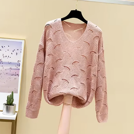 2024 Casual Elegant Sweet Autumn Winter V-neck Hollow Out Top Women's Sweater Solid  All-matching Pullover Knitwear Korean New