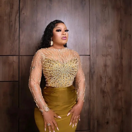 Customized Arabic Evening Dresses Gold Illusion Jewel Neck Long Sleeves Crystal Beads Mermaid Plus Size Celebrity Party Gowns